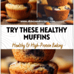 Stack of healthy blueberry muffins made with almond flour and Greek yogurt for a gluten free breakfast.